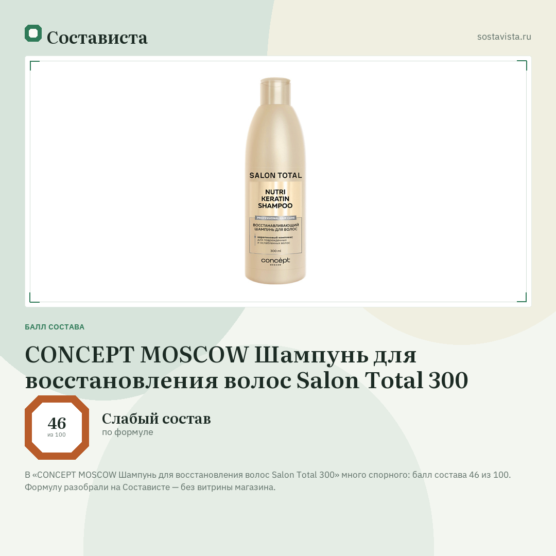 CONCEPT MOSCOW Шампунь для восстановления волос Salon Total 300: балл состава 46 из 100 — Состависта
