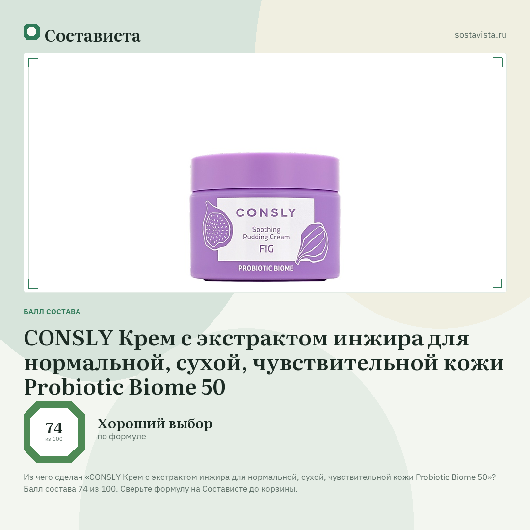 CONSLY Крем с экстрактом инжира для нормальной, сухой, чувствительной кожи Probiotic Biome 50: балл состава 74 из 100 — Состависта