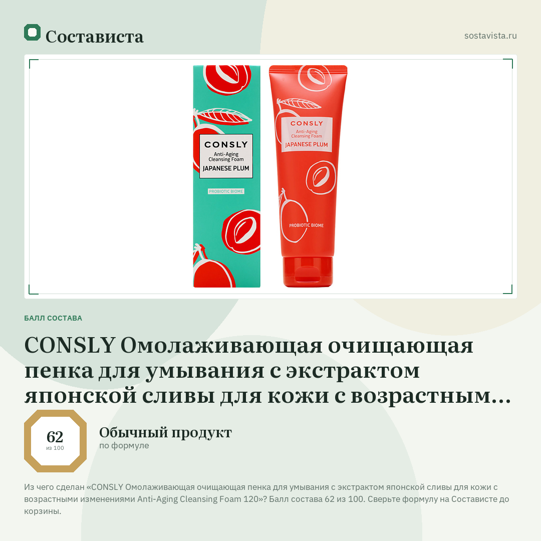 CONSLY Омолаживающая очищающая пенка для умывания с экстрактом японской сливы для кожи с возрастными изменениями Anti-Aging Cleansing Foam 120: балл состава 62 из 100 — Состависта
