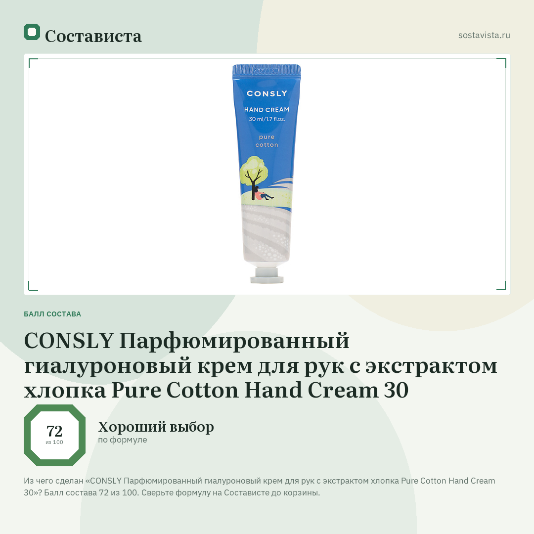 CONSLY Парфюмированный гиалуроновый крем для рук с экстрактом хлопка Pure Cotton Hand Cream 30: балл состава 72 из 100 — Состависта
