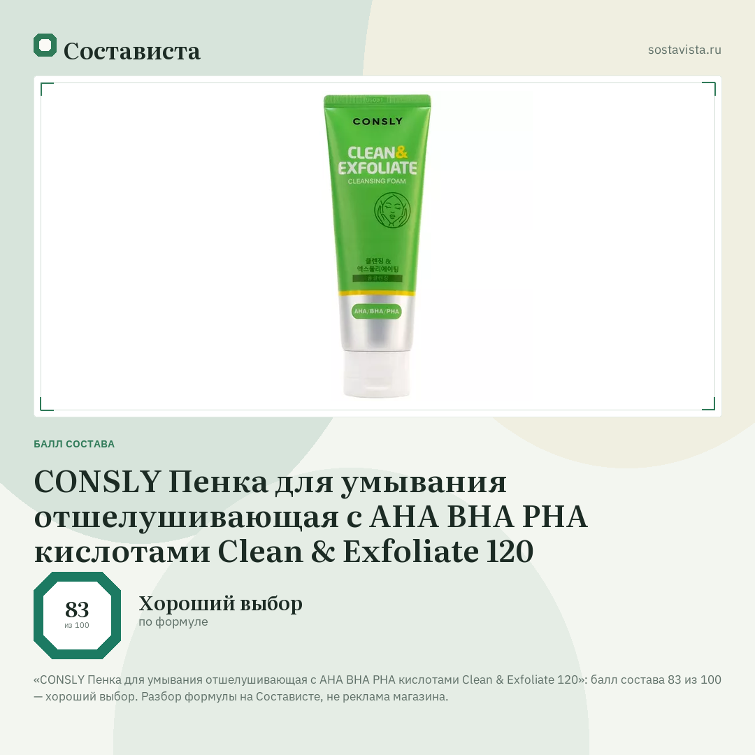 CONSLY Пенка для умывания отшелушивающая с AHA BHA PHA кислотами Clean & Exfoliate 120: балл состава 83 из 100 — Состависта