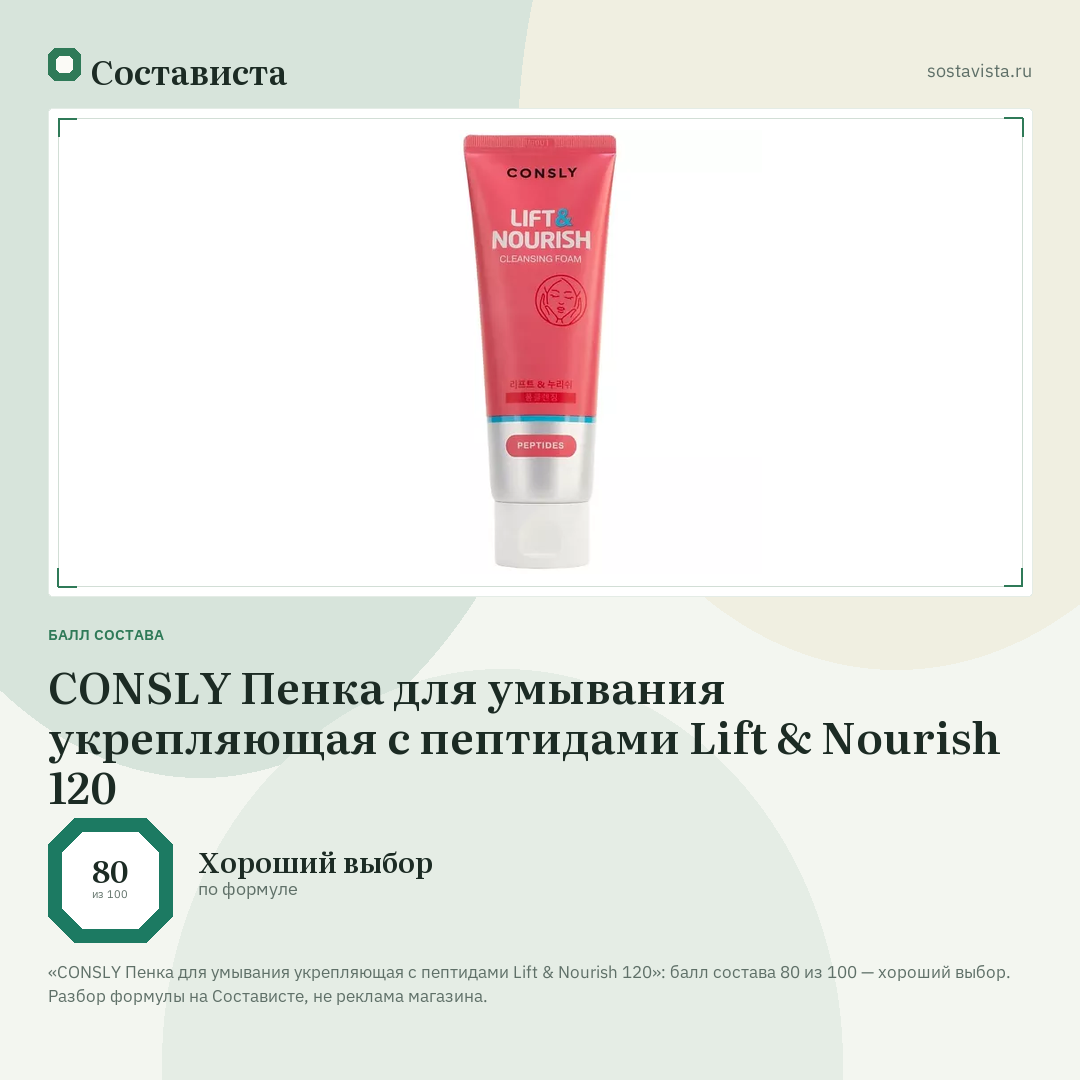CONSLY Пенка для умывания укрепляющая с пептидами Lift & Nourish 120: балл состава 80 из 100 — Состависта
