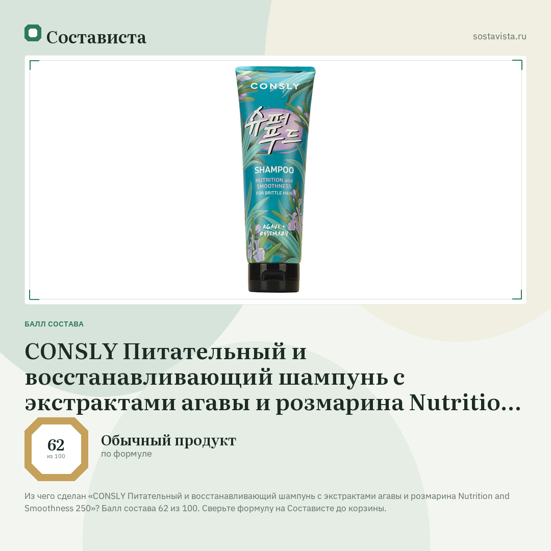 CONSLY Питательный и восстанавливающий шампунь с экстрактами агавы и розмарина Nutrition and Smoothness 250: балл состава 62 из 100 — Состависта