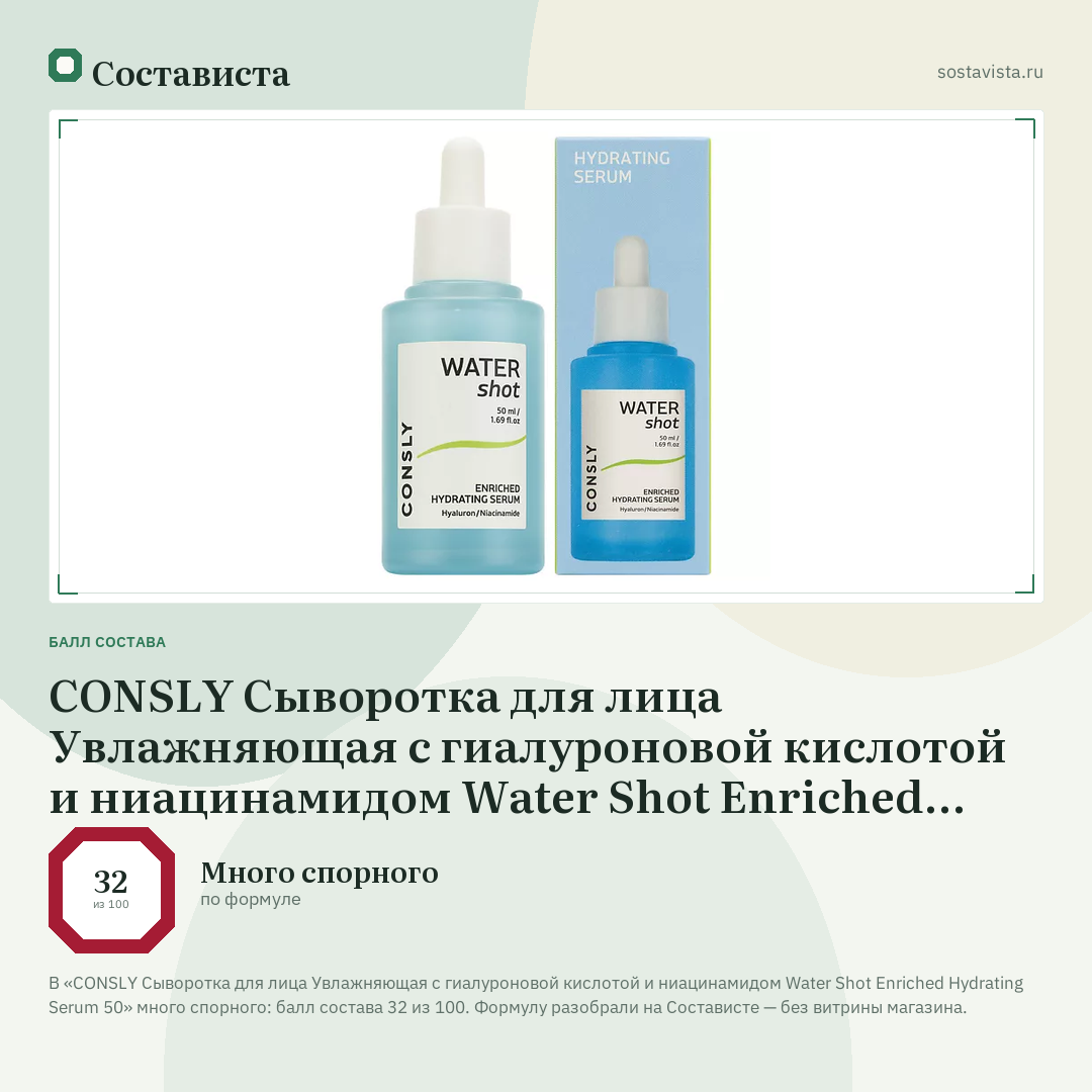 CONSLY Сыворотка для лица Увлажняющая с гиалуроновой кислотой и ниацинамидом Water Shot Enriched Hydrating Serum 50: балл состава 32 из 100 — Состависта