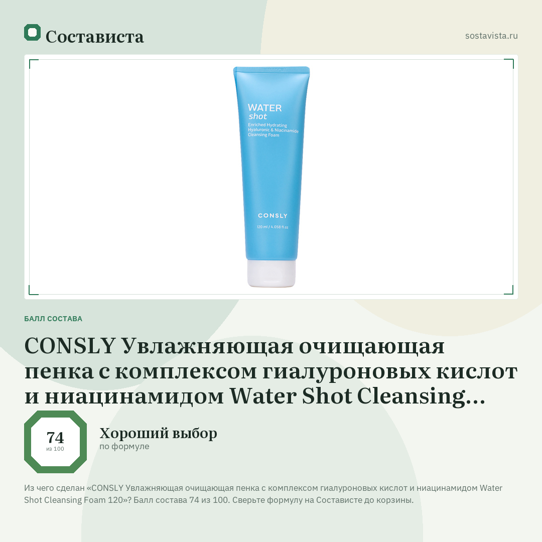 CONSLY Увлажняющая очищающая пенка с комплексом гиалуроновых кислот и ниацинамидом Water Shot Cleansing Foam 120: балл состава 74 из 100 — Состависта