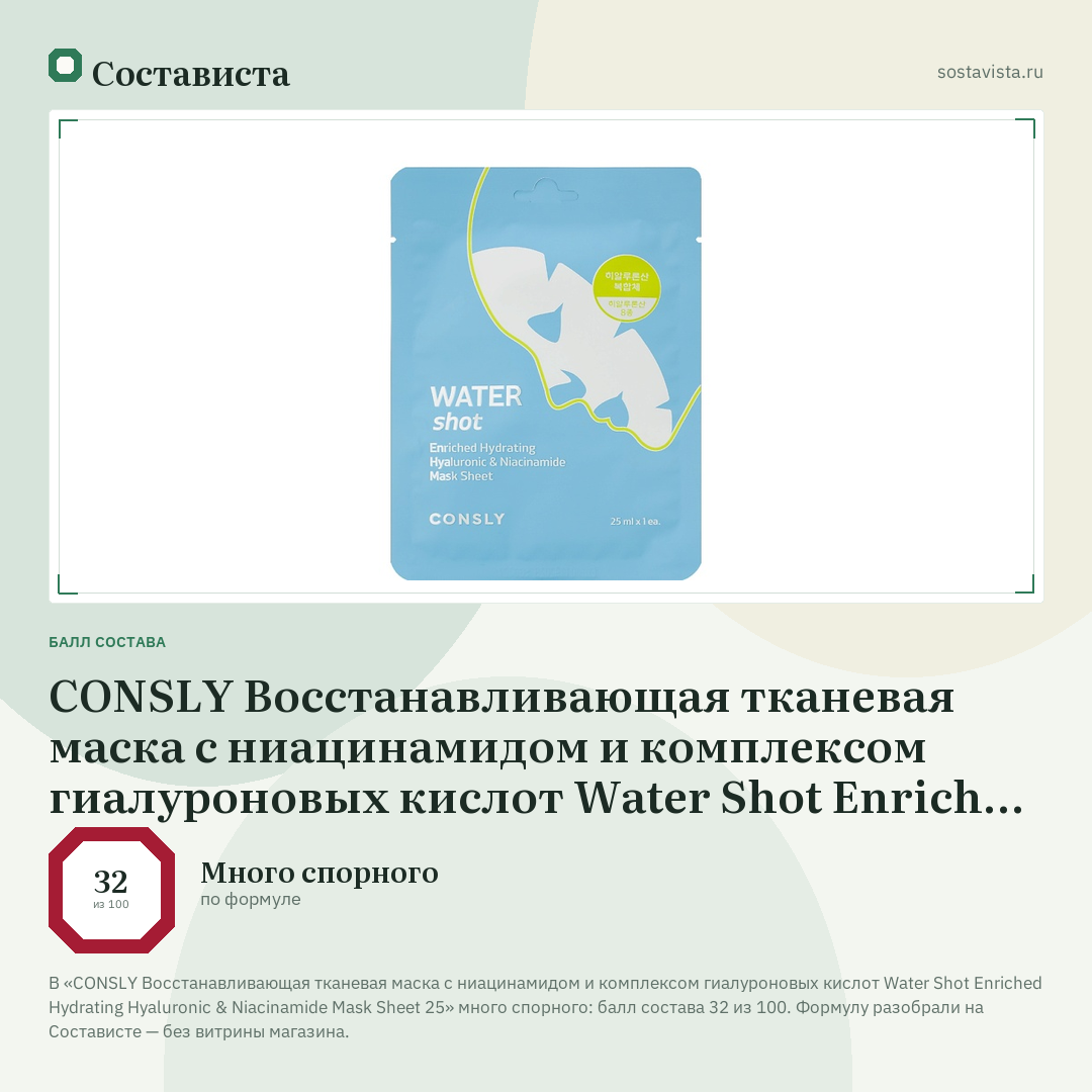 CONSLY Восстанавливающая тканевая маска с ниацинамидом и комплексом гиалуроновых кислот Water Shot Enriched Hydrating Hyaluronic & Niacinamide Mask Sheet 25: балл состава 32 из 100 — Состависта