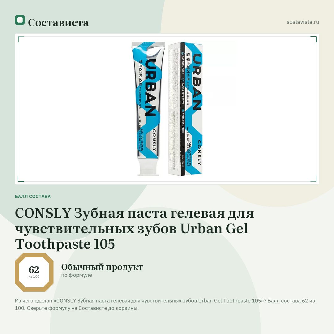 CONSLY Зубная паста гелевая для чувствительных зубов Urban Gel Toothpaste 105: балл состава 62 из 100 — Состависта