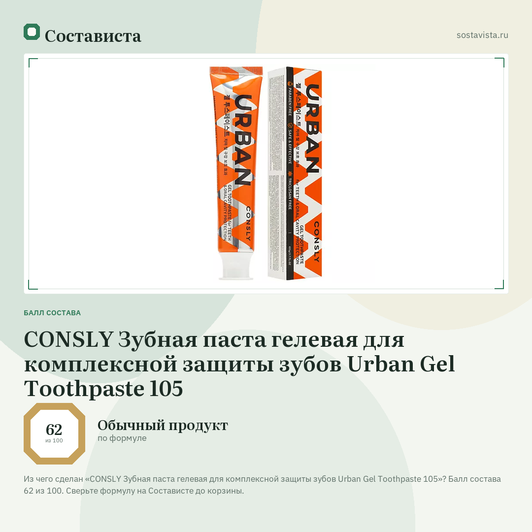 CONSLY Зубная паста гелевая для комплексной защиты зубов Urban Gel Toothpaste 105: балл состава 62 из 100 — Состависта