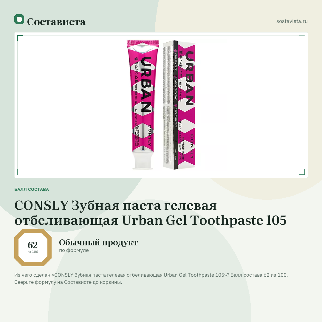 CONSLY Зубная паста гелевая отбеливающая Urban Gel Toothpaste 105: балл состава 62 из 100 — Состависта