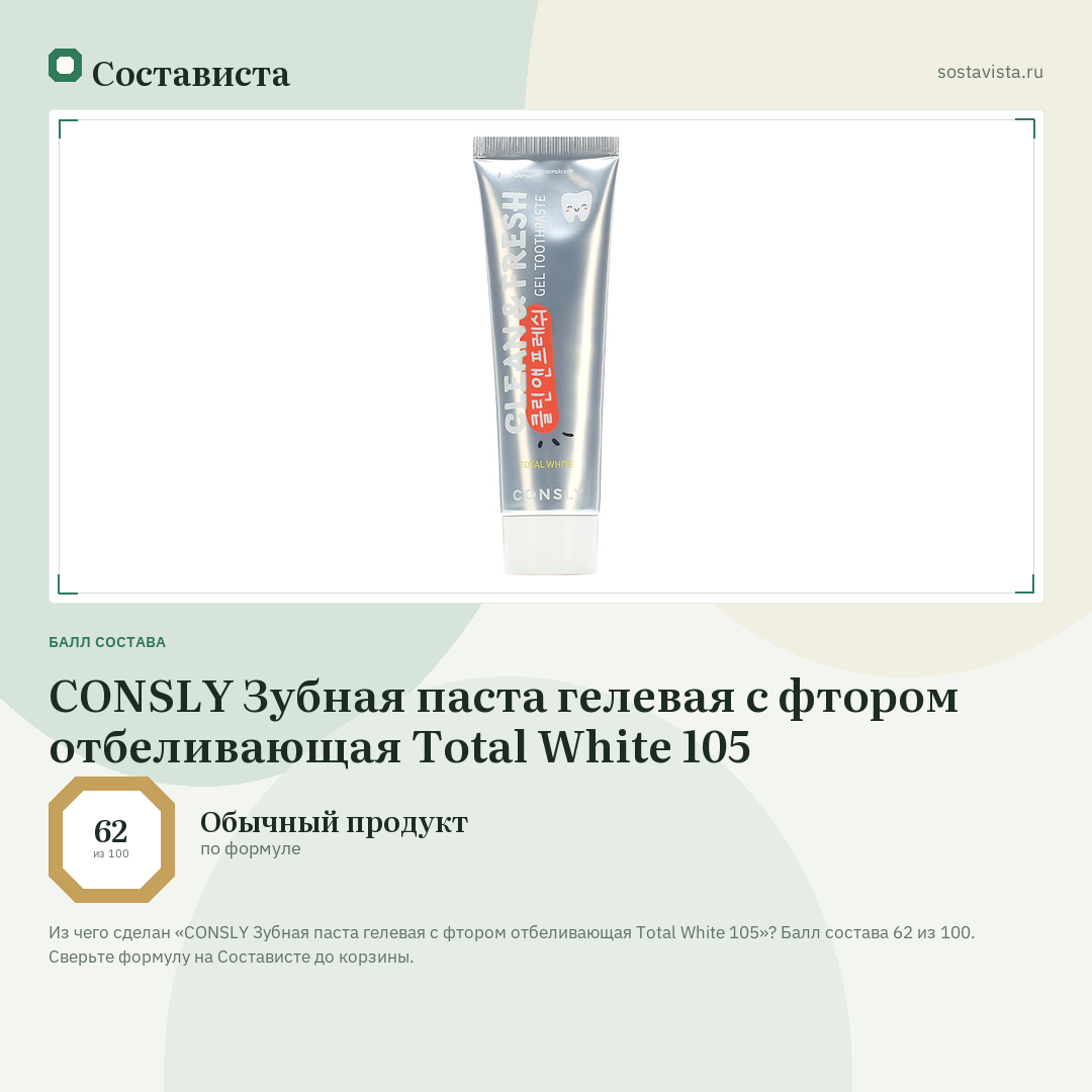 CONSLY Зубная паста гелевая с фтором отбеливающая Total White 105: балл состава 62 из 100 — Состависта