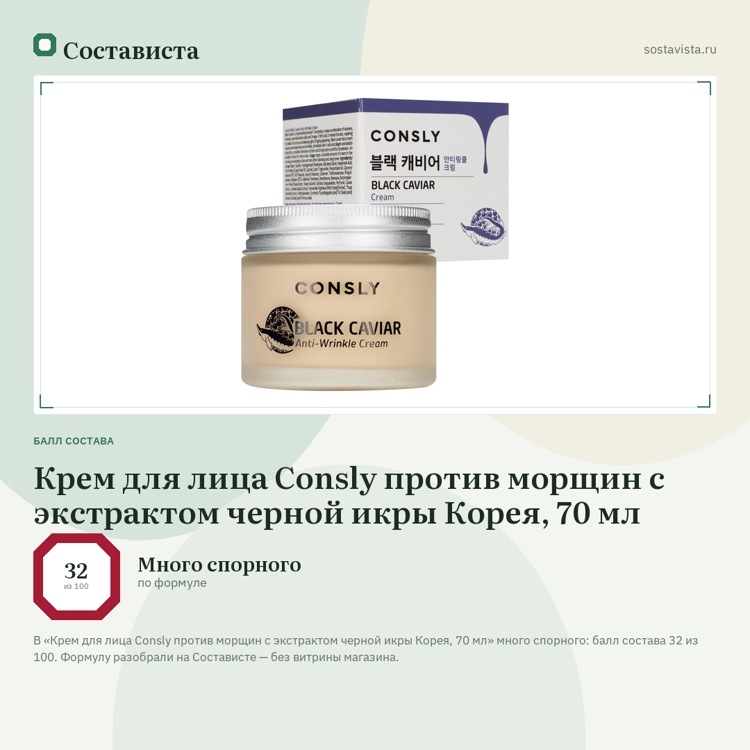 Крем для лица Consly против морщин с экстрактом черной икры Корея, 70 мл: балл состава 32 из 100 — Состависта