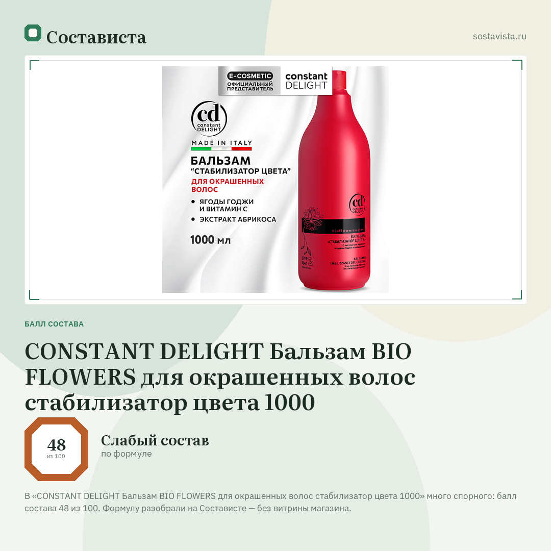 CONSTANT DELIGHT Бальзам BIO FLOWERS для окрашенных волос стабилизатор цвета 1000: балл состава 48 из 100 — Состависта