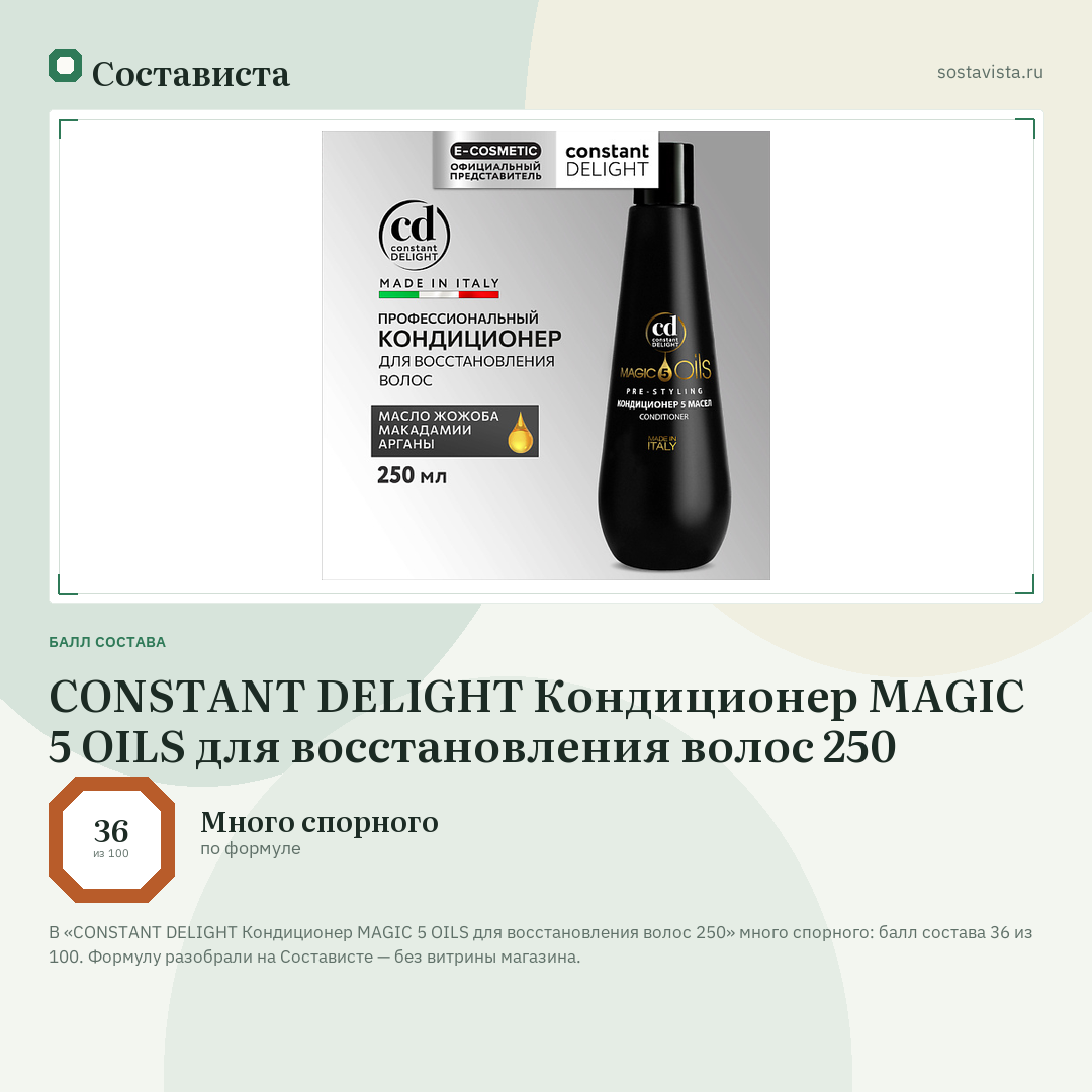 CONSTANT DELIGHT Кондиционер MAGIC 5 OILS для восстановления волос 250: балл состава 36 из 100 — Состависта