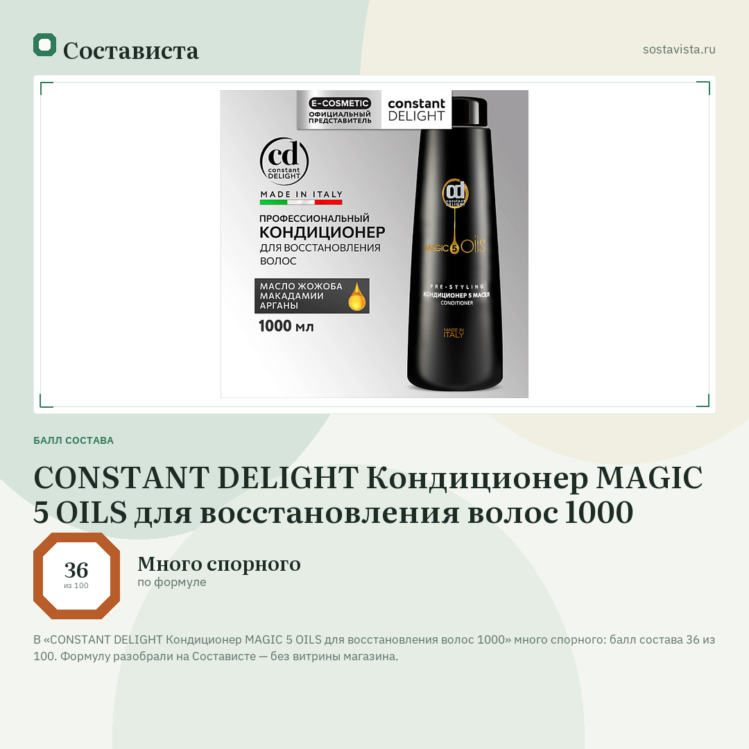 CONSTANT DELIGHT Кондиционер MAGIC 5 OILS для восстановления волос 1000: балл состава 36 из 100 — Состависта