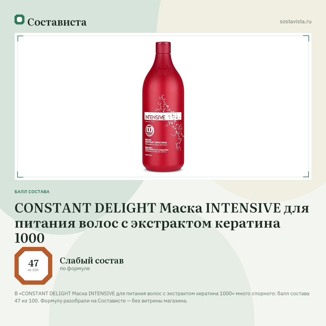 CONSTANT DELIGHT Маска INTENSIVE для питания волос с экстрактом кератина 1000: балл состава 47 из 100 — Состависта