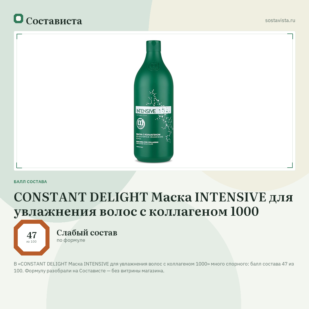 CONSTANT DELIGHT Маска INTENSIVE для увлажнения волос с коллагеном 1000: балл состава 47 из 100 — Состависта