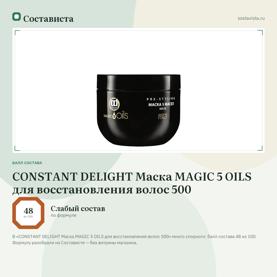 CONSTANT DELIGHT Маска MAGIC 5 OILS для восстановления волос 500: балл состава 48 из 100 — Состависта