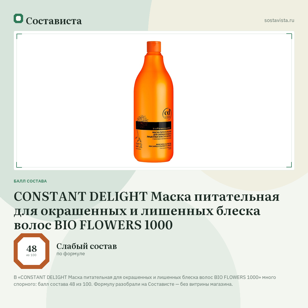 CONSTANT DELIGHT Маска питательная для окрашенных и лишенных блеска волос BIO FLOWERS 1000: балл состава 48 из 100 — Состависта