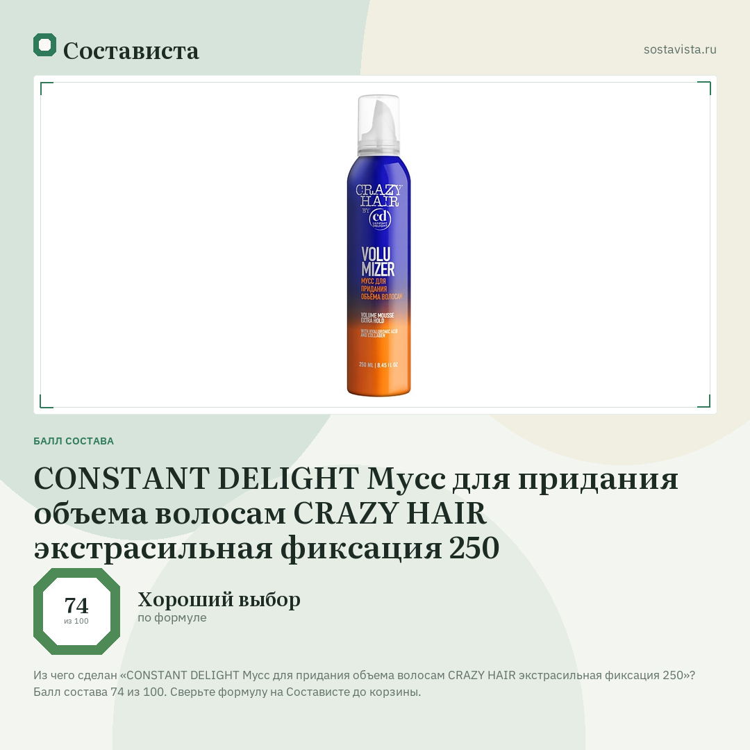 CONSTANT DELIGHT Мусс для придания объема волосам CRAZY HAIR экстрасильная фиксация 250: балл состава 74 из 100 — Состависта
