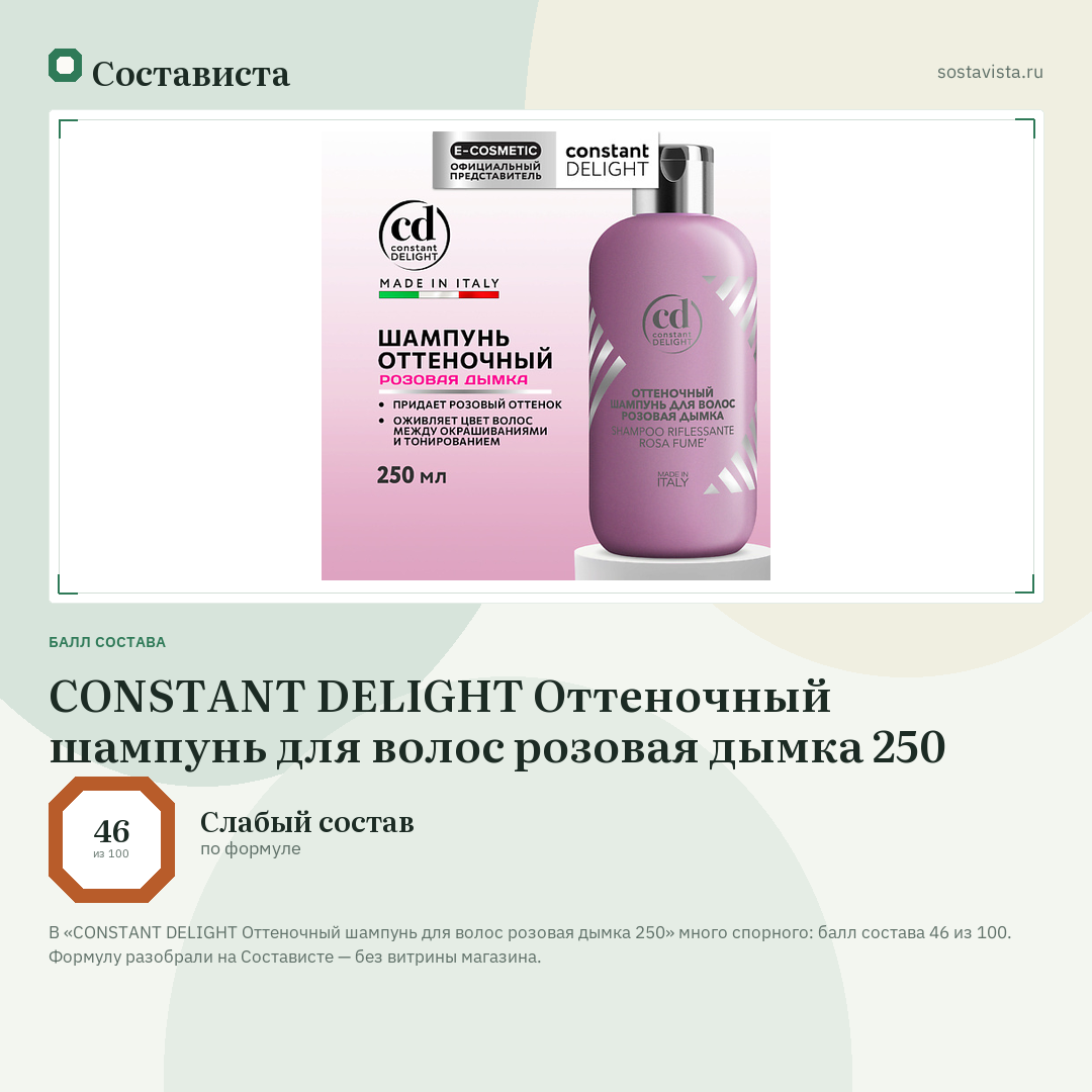 CONSTANT DELIGHT Оттеночный шампунь для волос розовая дымка 250: балл состава 46 из 100 — Состависта