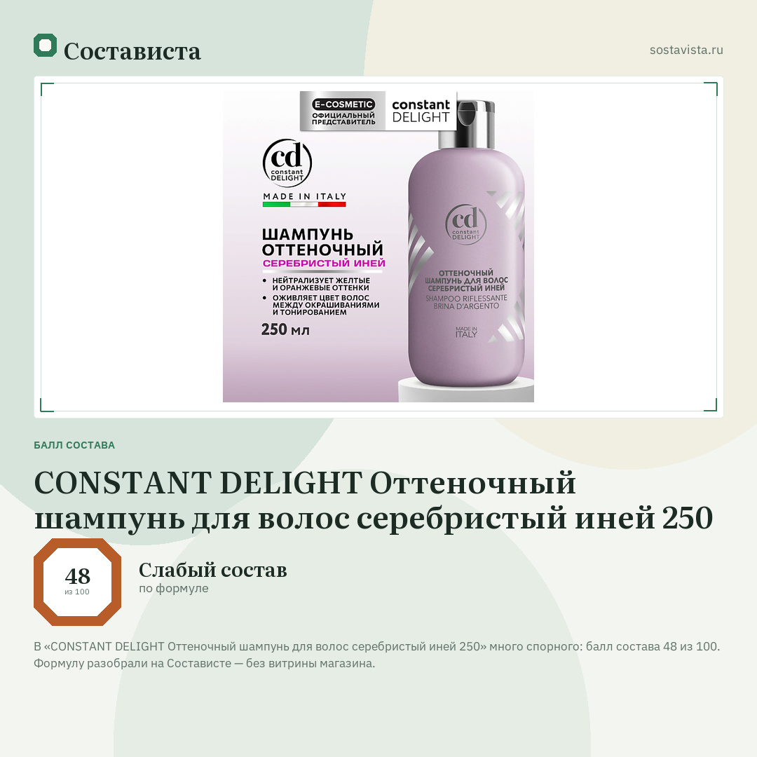 CONSTANT DELIGHT Оттеночный шампунь для волос серебристый иней 250: балл состава 48 из 100 — Состависта