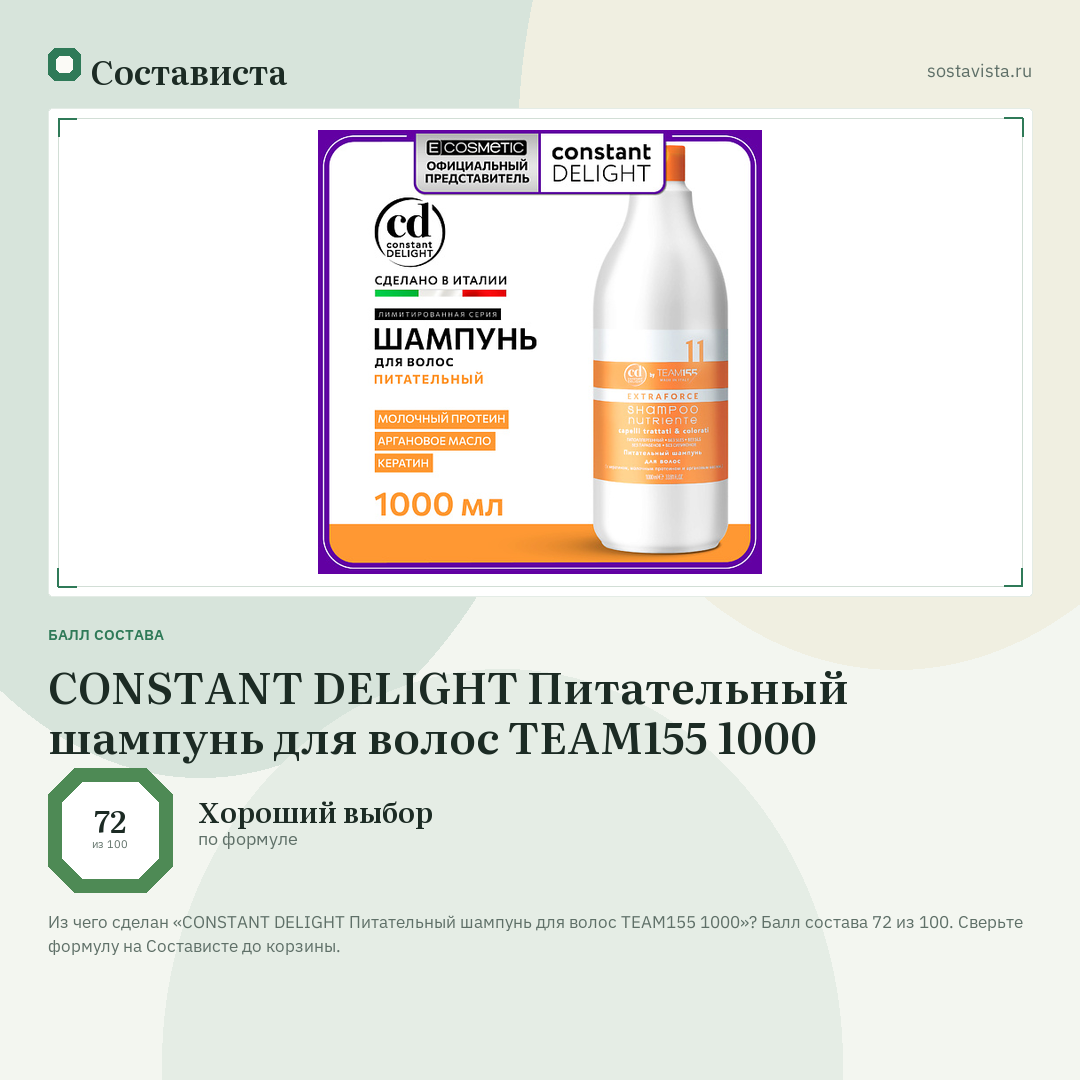 CONSTANT DELIGHT Питательный шампунь для волос TEAM155 1000: балл состава 72 из 100 — Состависта