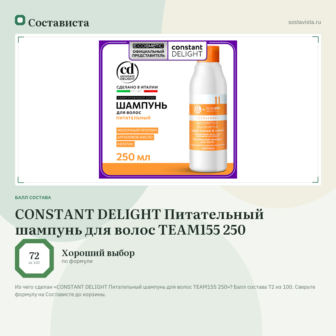 CONSTANT DELIGHT Питательный шампунь для волос TEAM155 250: балл состава 72 из 100 — Состависта