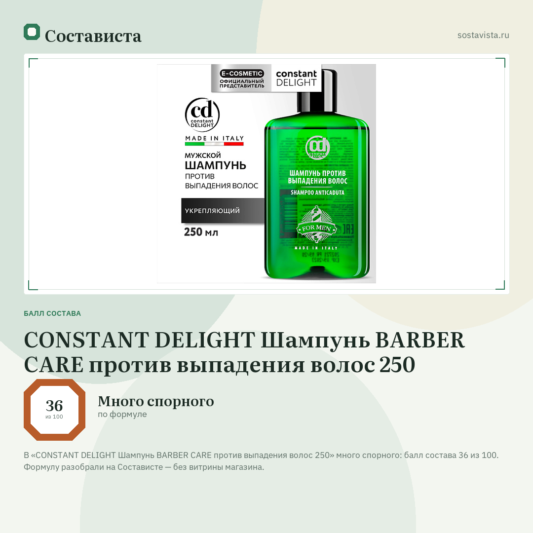 CONSTANT DELIGHT Шампунь BARBER CARE против выпадения волос 250: балл состава 36 из 100 — Состависта