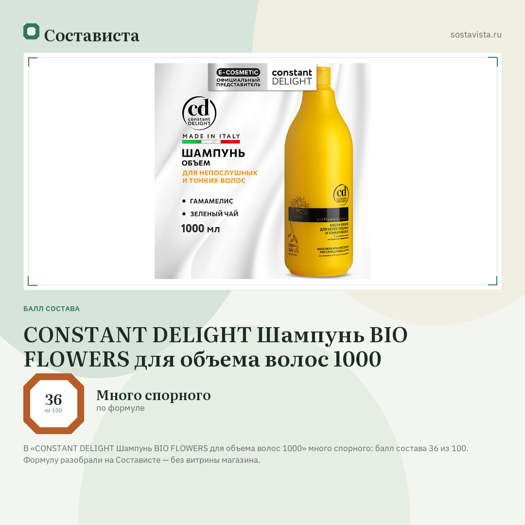 CONSTANT DELIGHT Шампунь BIO FLOWERS для объема волос 1000: балл состава 36 из 100 — Состависта