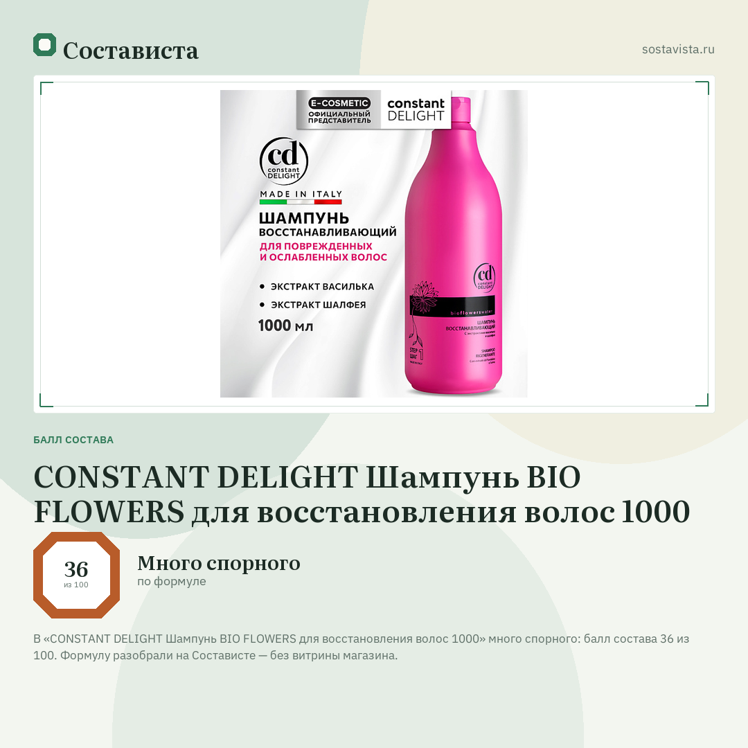 CONSTANT DELIGHT Шампунь BIO FLOWERS для восстановления волос 1000: балл состава 36 из 100 — Состависта