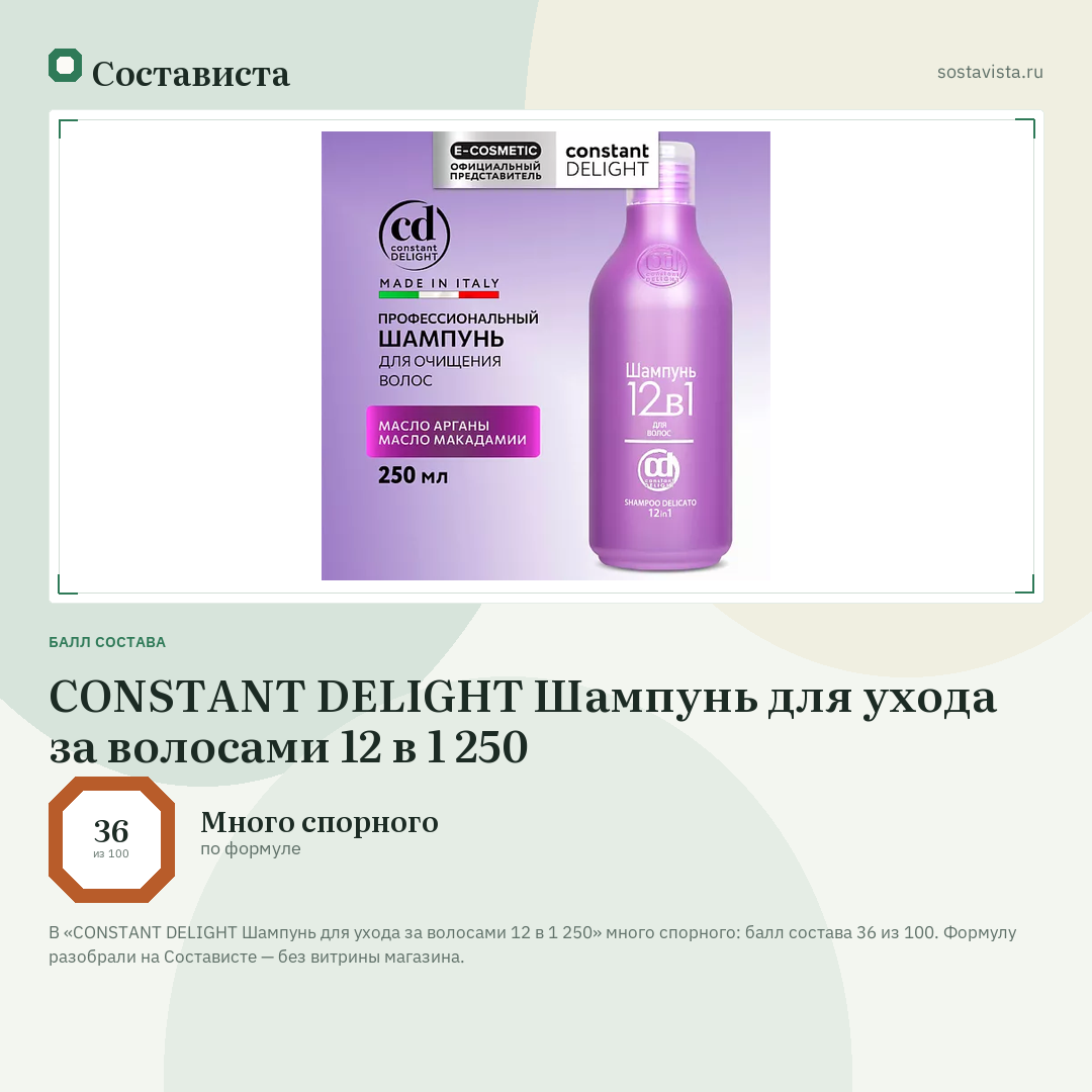 CONSTANT DELIGHT Шампунь для ухода за волосами 12 в 1 250: балл состава 36 из 100 — Состависта