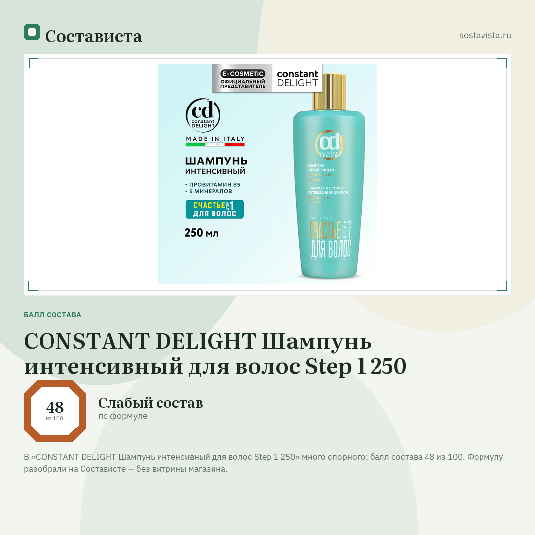 CONSTANT DELIGHT Шампунь интенсивный для волос Step 1 250: балл состава 48 из 100 — Состависта