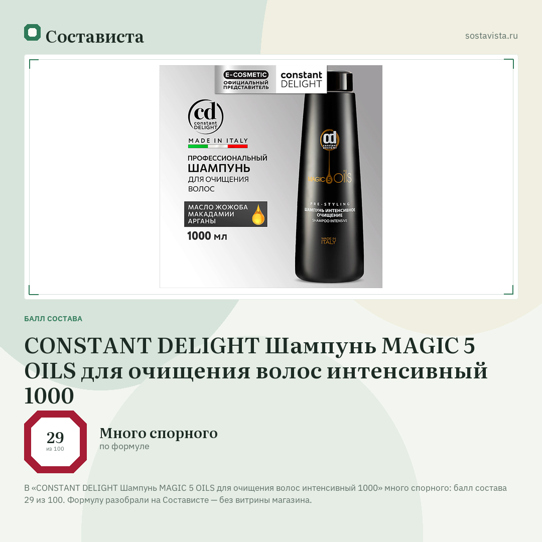 CONSTANT DELIGHT Шампунь MAGIC 5 OILS для очищения волос интенсивный 1000: балл состава 29 из 100 — Состависта