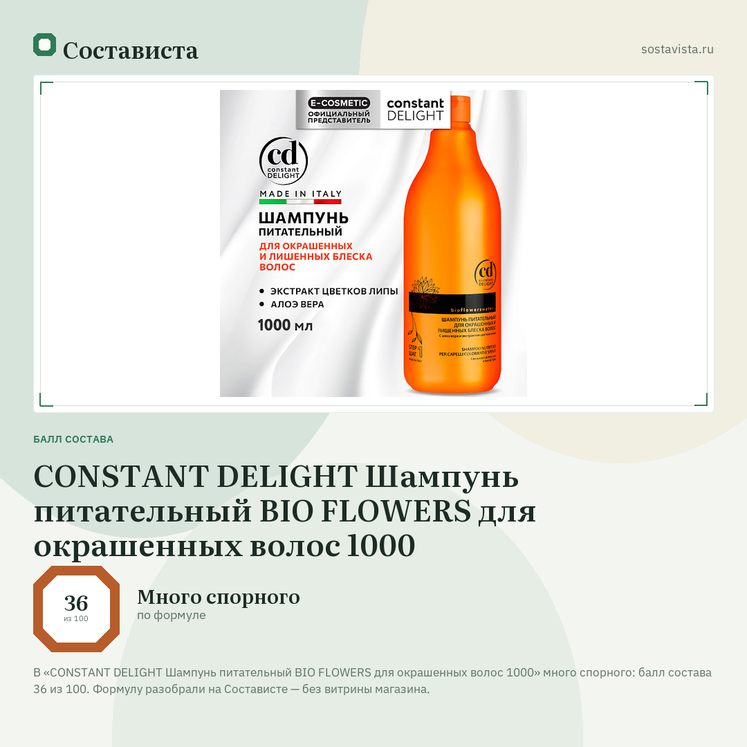 CONSTANT DELIGHT Шампунь питательный BIO FLOWERS для окрашенных волос 1000: балл состава 36 из 100 — Состависта