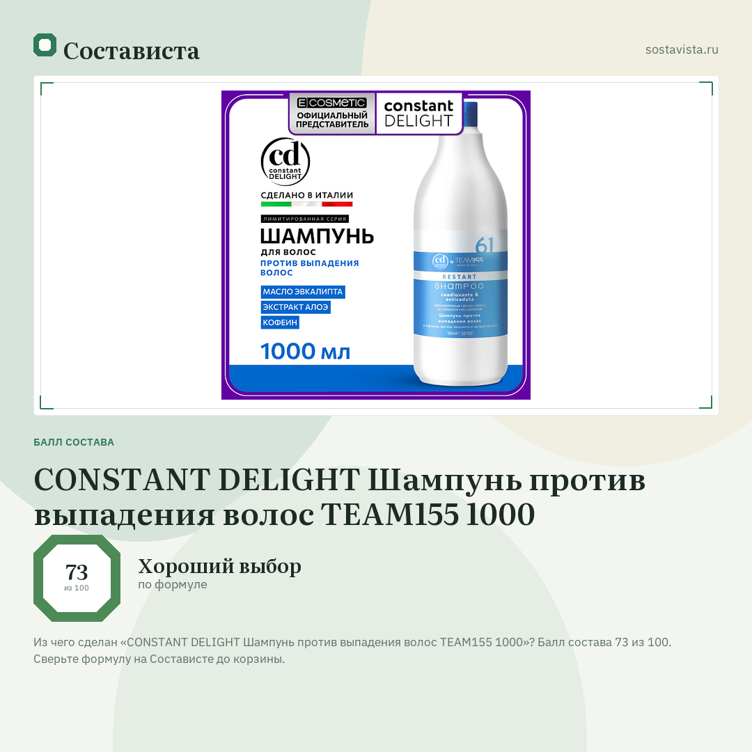 CONSTANT DELIGHT Шампунь против выпадения волос TEAM155 1000: балл состава 73 из 100 — Состависта