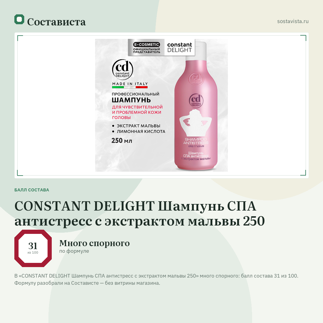 CONSTANT DELIGHT Шампунь СПА антистресс с экстрактом мальвы 250: балл состава 31 из 100 — Состависта