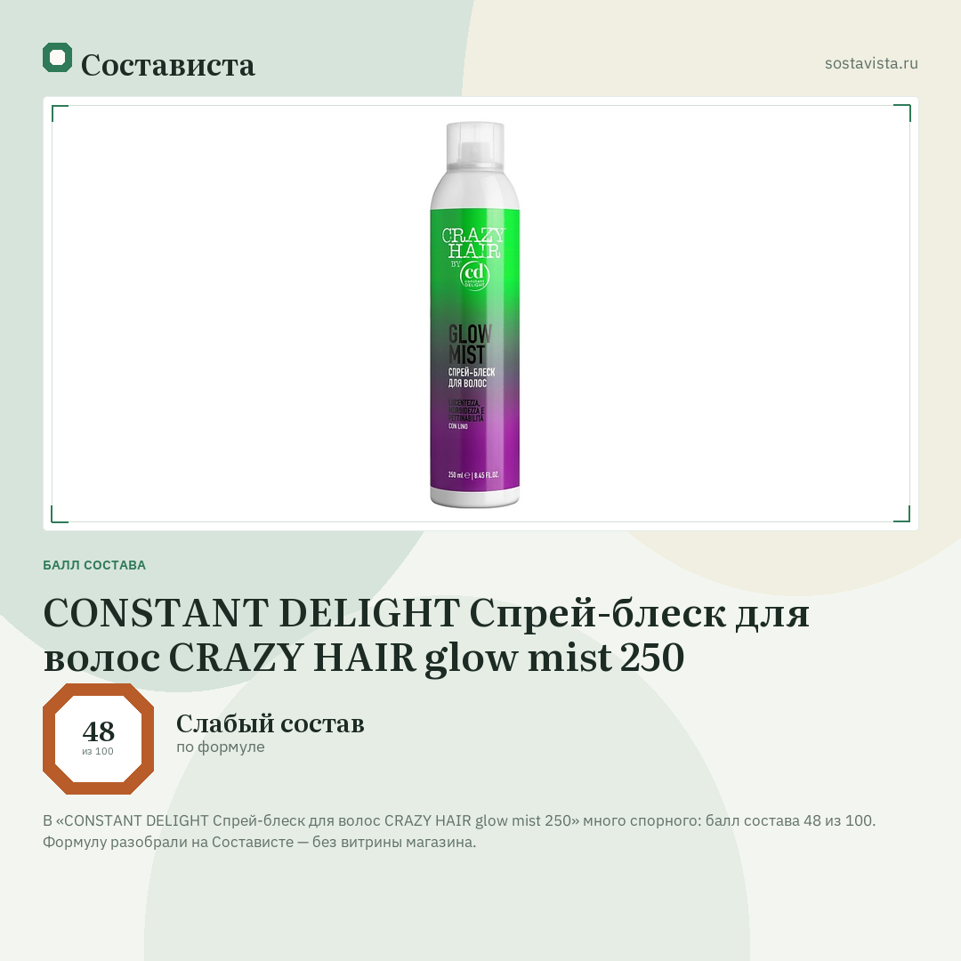 CONSTANT DELIGHT Спрей-блеск для волос CRAZY HAIR glow mist 250: балл состава 48 из 100 — Состависта