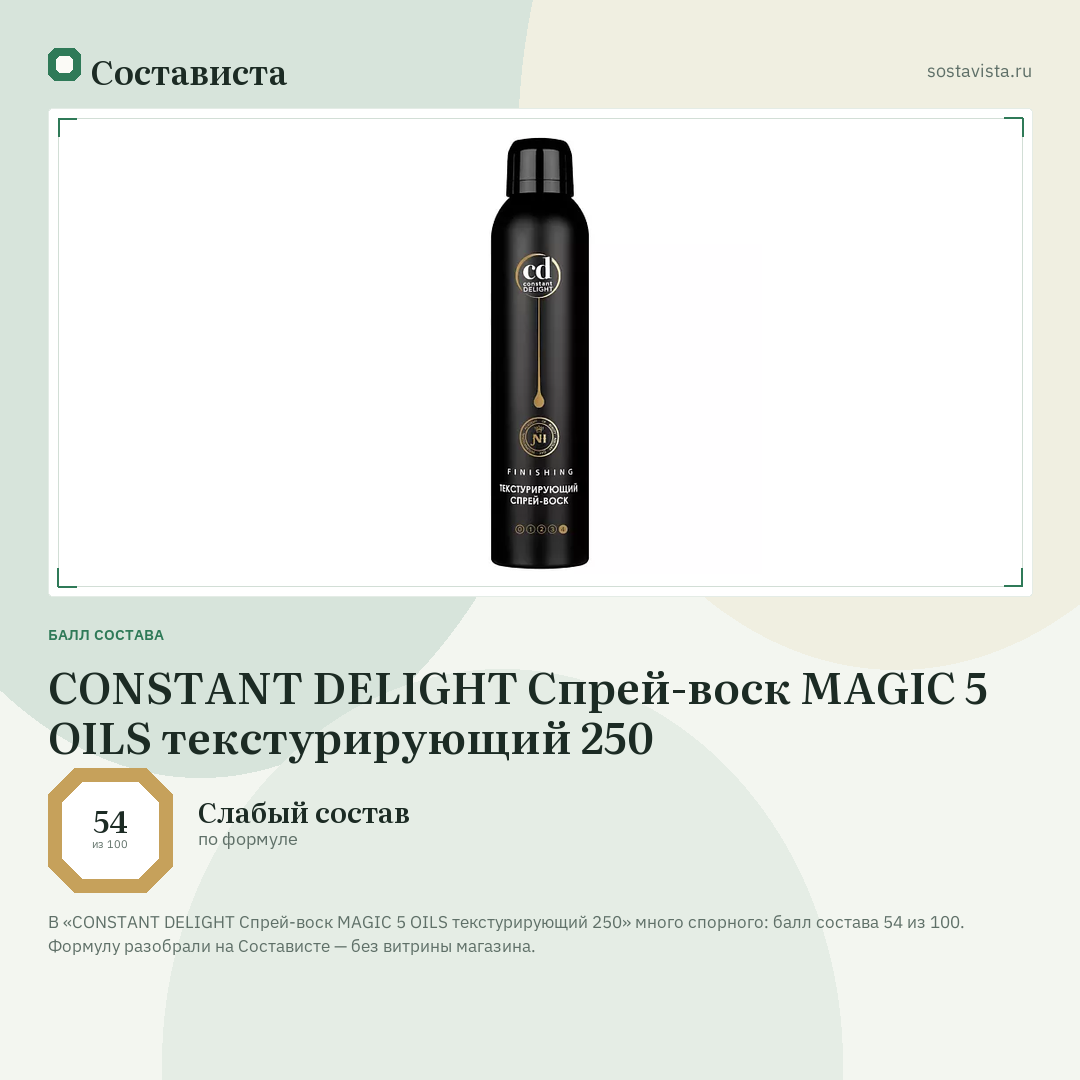 CONSTANT DELIGHT Спрей-воск MAGIC 5 OILS текстурирующий 250: балл состава 54 из 100 — Состависта