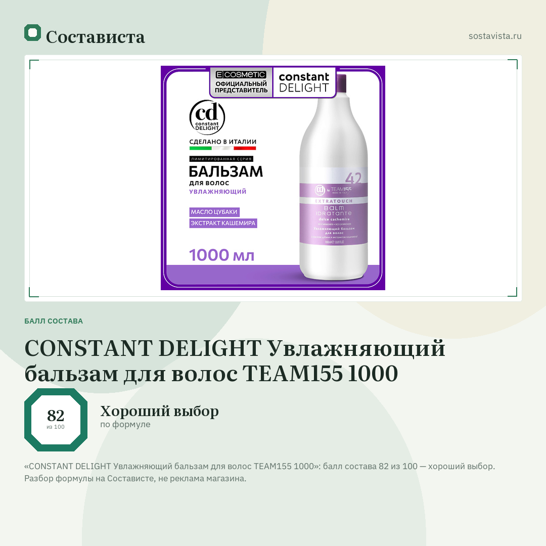 CONSTANT DELIGHT Увлажняющий бальзам для волос TEAM155 1000: балл состава 82 из 100 — Состависта