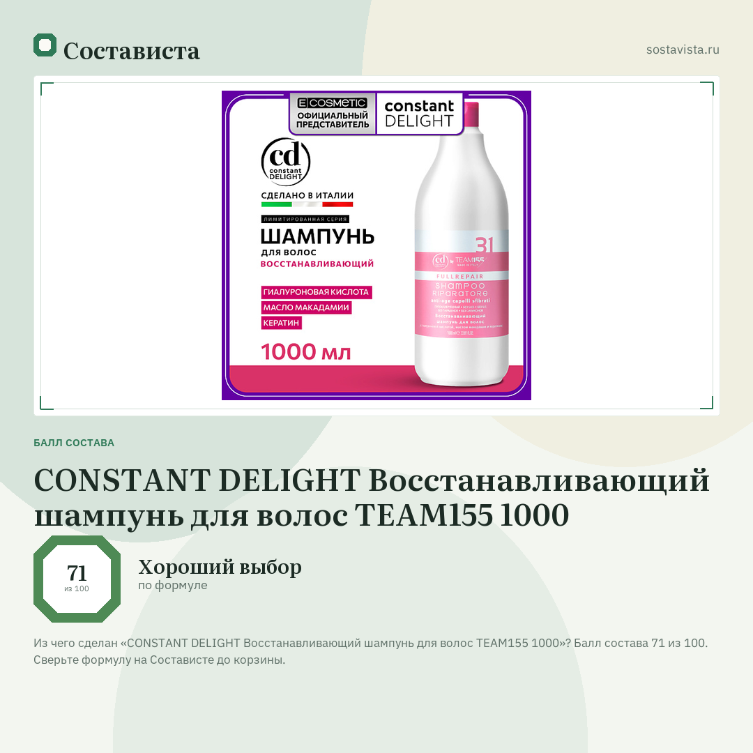 CONSTANT DELIGHT Восстанавливающий шампунь для волос TEAM155 1000: балл состава 71 из 100 — Состависта