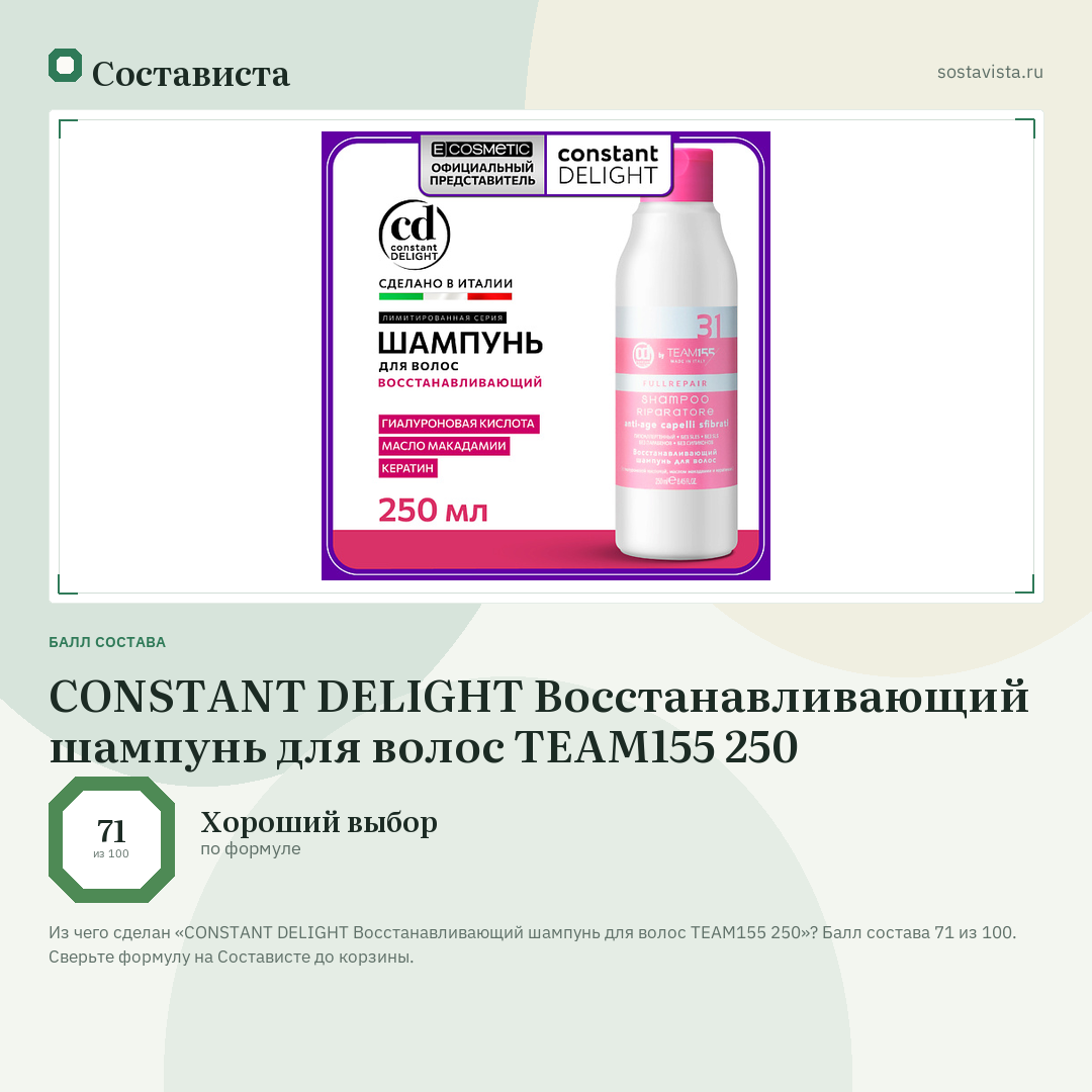 CONSTANT DELIGHT Восстанавливающий шампунь для волос TEAM155 250: балл состава 71 из 100 — Состависта