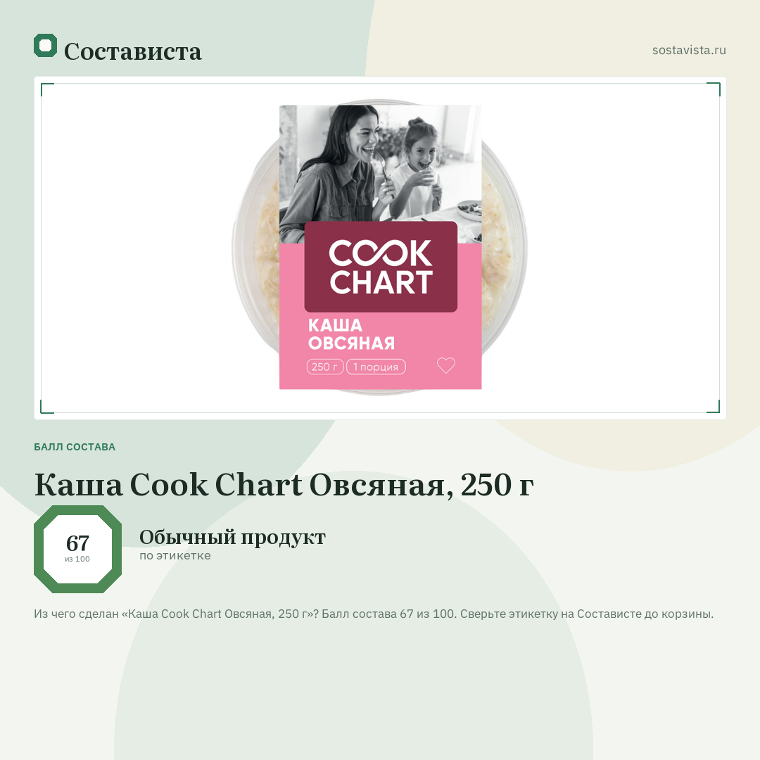 Каша Cook Chart Овсяная, 250 г: балл состава 67 из 100 — Состависта