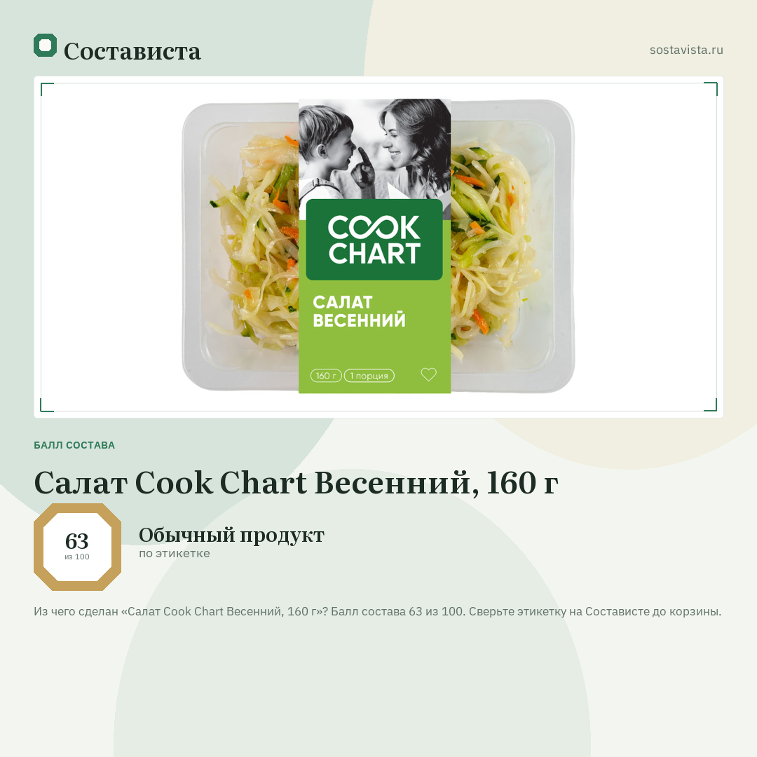 Салат Cook Chart Весенний, 160 г: балл состава 63 из 100 — Состависта