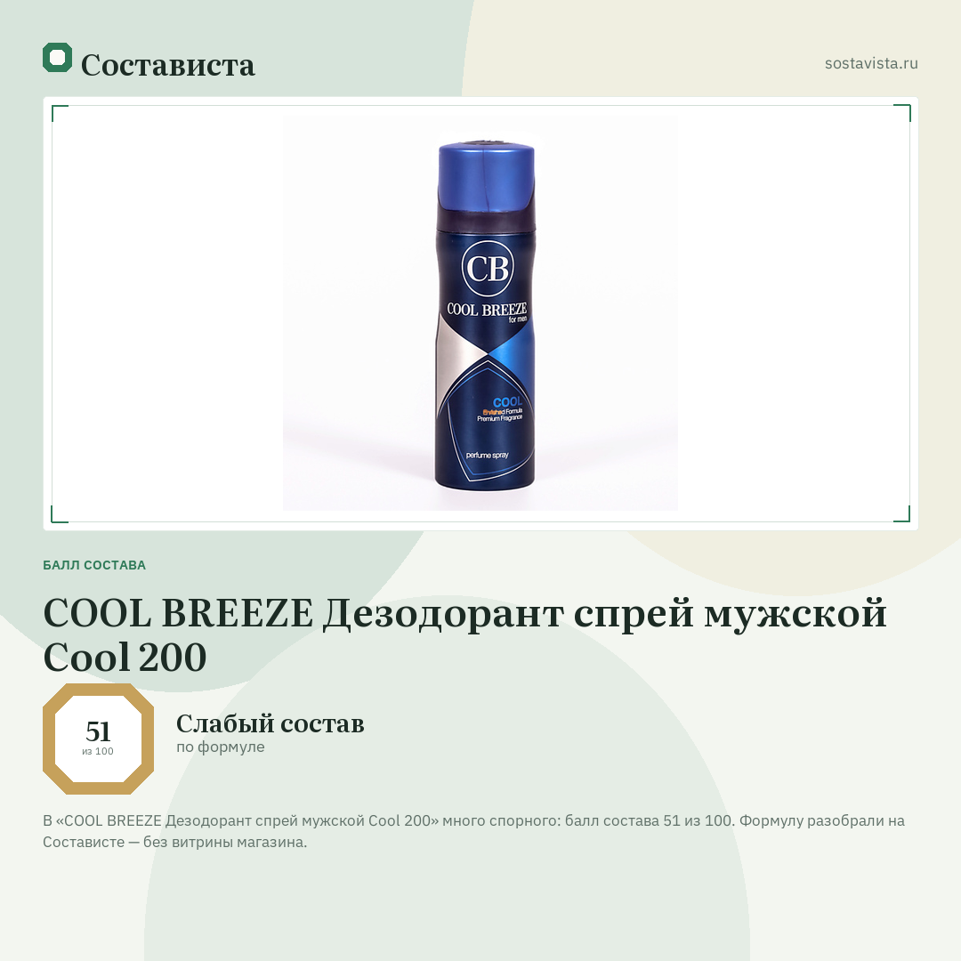COOL BREEZE Дезодорант спрей мужской Cool 200: балл состава 51 из 100 — Состависта
