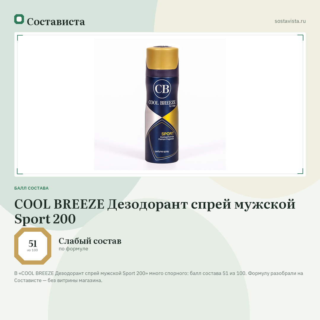COOL BREEZE Дезодорант спрей мужской Sport 200: балл состава 51 из 100 — Состависта