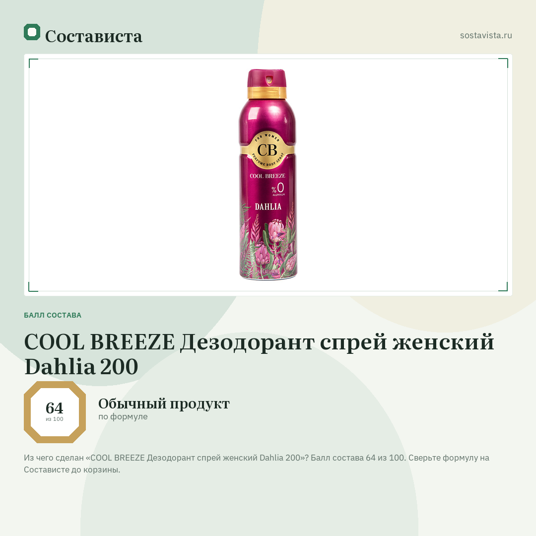 COOL BREEZE Дезодорант спрей женский Dahlia 200: балл состава 64 из 100 — Состависта