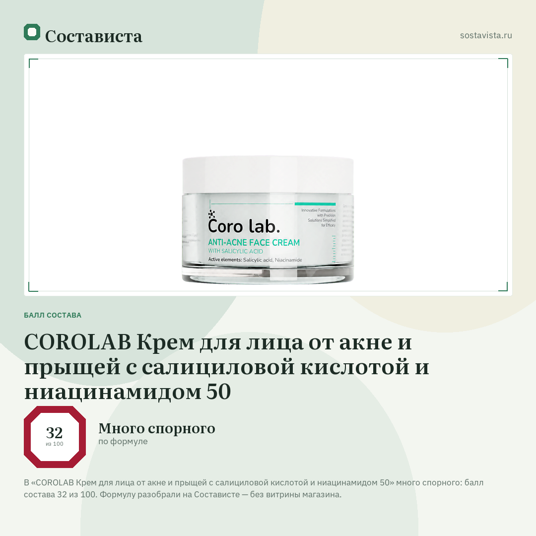 COROLAB Крем для лица от акне и прыщей с салициловой кислотой и ниацинамидом 50: балл состава 32 из 100 — Состависта