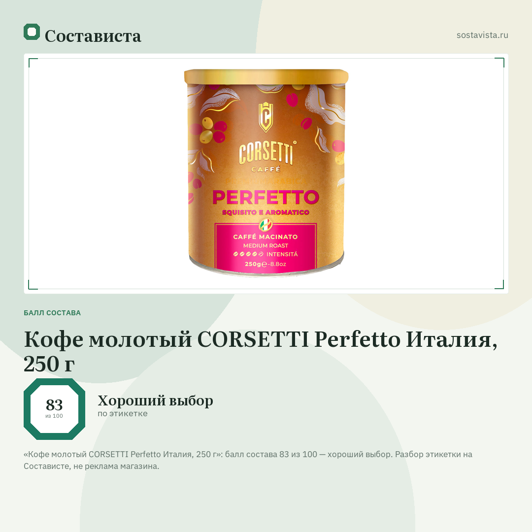 Кофе молотый CORSETTI Perfetto Италия, 250 г: балл состава 83 из 100 — Состависта