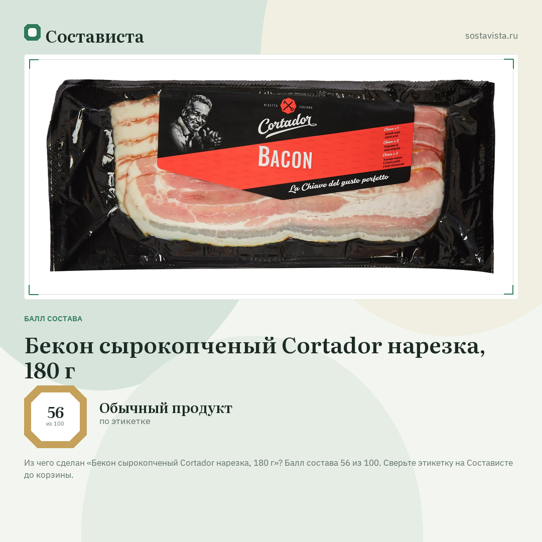 Бекон сырокопченый Cortador нарезка, 180 г: балл состава 56 из 100 — Состависта