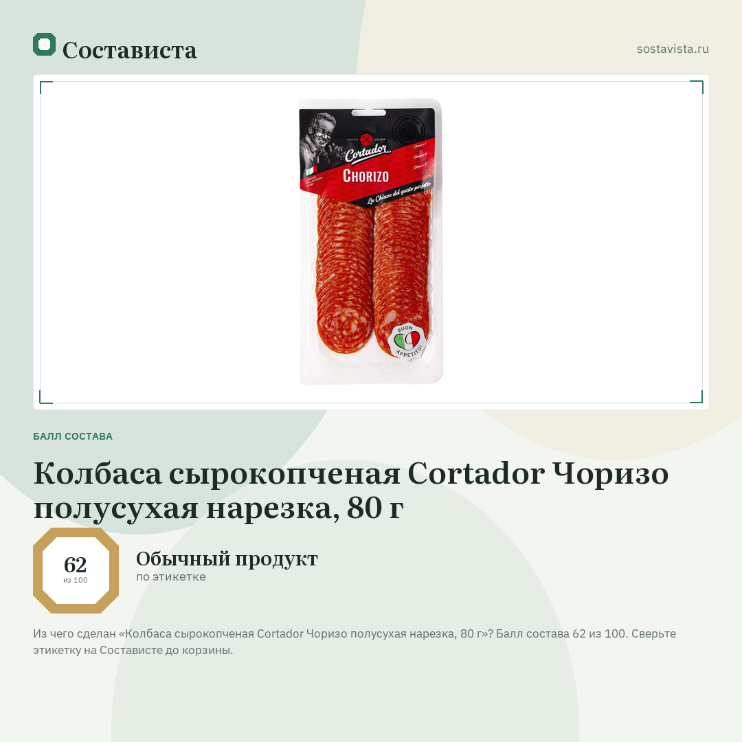 Колбаса сырокопченая Cortador Чоризо полусухая нарезка, 80 г: балл состава 62 из 100 — Состависта